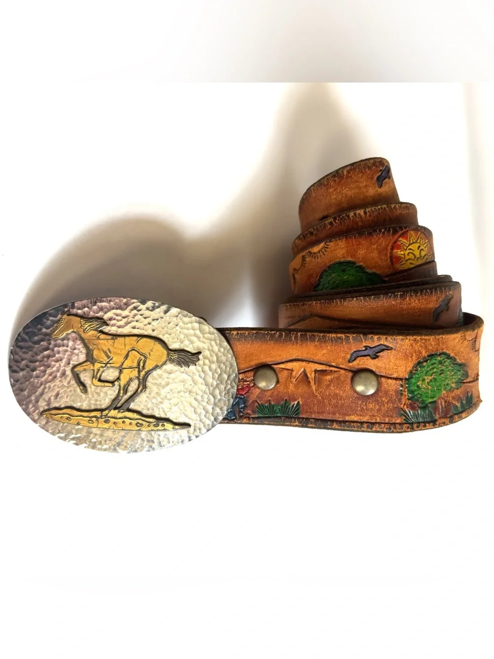 Vintage Hand Tooled Painted Western Leather Belt Horse Buckle Ranch Southwestern